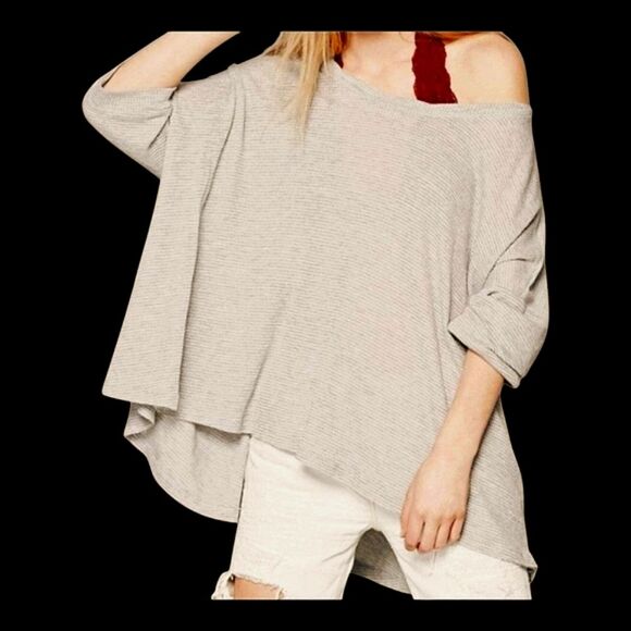 FREE PEOPLE STORYTELLER USA Made Waffle Knit Split Back TEE Swing Top OVERSIZE S - Picture 2 of 13